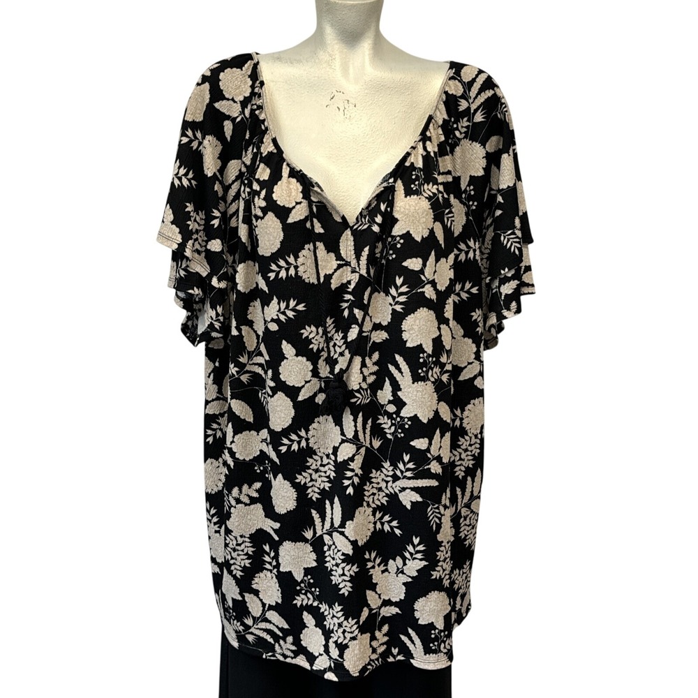 Croft & Barrow Womens 3X Black Floral Tassel Tie Flutter Sleeve Blouse